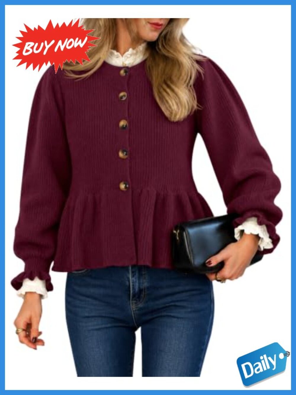 Womens Cropped Cardigan Ruffle Sleeve Button Up Peplum Sweater Ribbed Knit